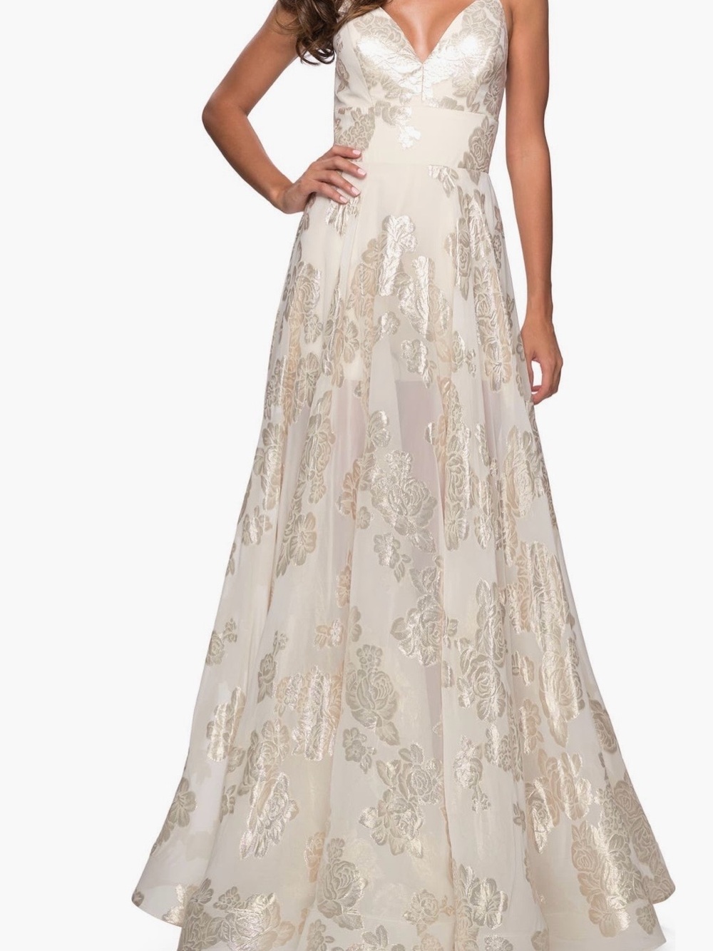 La Femme Organza Ivory Strapless A-Line Gown with Gold Floral Jacquard